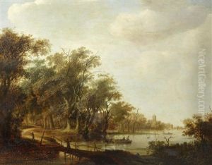 A River Landscape With Figures Crossing A Bridge In The Foreground by Jacob van Mosscher