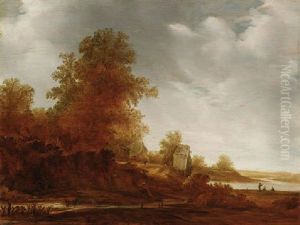Hollandische Fluslandschaft Mit Gehoft Und Anglern Am Ufer by Jacob van Mosscher