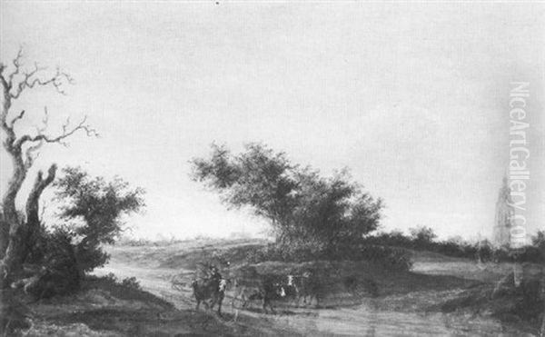 A Cattle Drover In A Wooded Dune Landscape With Church Spires And A Windmill On The Horizon Beyond - view 1