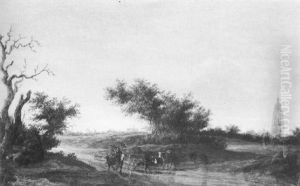 A Cattle Drover In A Wooded Dune Landscape With Church Spires And A Windmill On The Horizon Beyond
