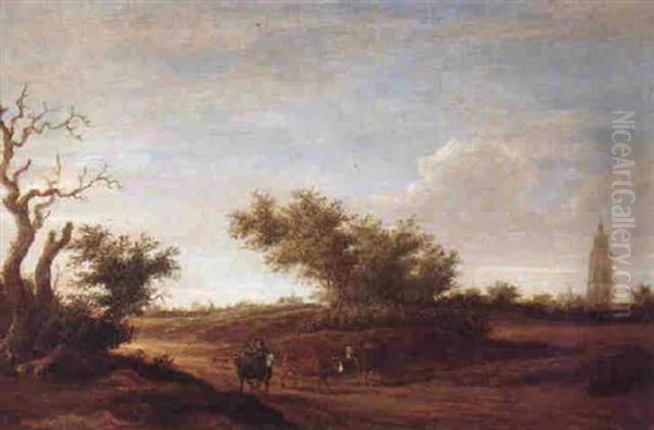A Cattle Drover In A Wooded Dune Landscape With Church Spires And Windmill - view 1
