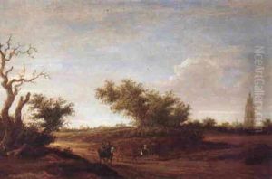 A Cattle Drover In A Wooded Dune Landscape With Church Spires And Windmill by Jacob van Mosscher