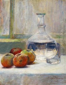 Stillleben Mit Wasserflasche Und Apfeln Stillleben Mit Wasserflasche Und Apfeln