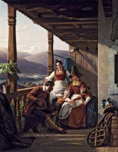 Ein Abend In Tirol - Tiroler Bauernfamilie Auf Der Veranda Mit Blick Auf Einen Bergsee by Ludwig August Most
