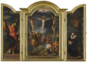 A Triptych: Central Panel: The Crucifixion Left Wing: Saint Andrew Right Wing: A Kneeling Male Donor Of The Escalera Family by Gillis Mostaert the Elder