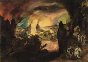 Lot And His Daughters Guided By Angels, The Destruction Of Sodom And Gomorrah Beyond by Gillis Mostaert the Elder