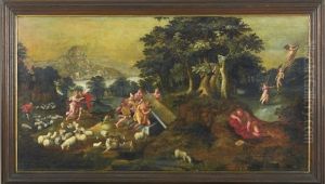 Scenes From The Life Of Jacob In The Book Of Genesis: Jacob Wrestling The Angel; Jacob Removing The Stone From The Well To Water Laban's Sheep; And The Dream Of Jacob's Ladder by Gillis Mostaert the Elder