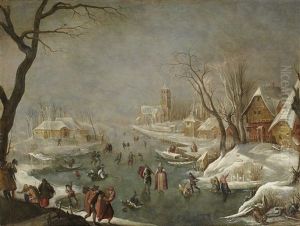 A Winter Landscape With Numerous Figures Skating On A Frozen River In The Midst Of A Village by Gillis Mostaert the Elder