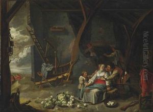 Adam And Eve After The Fall, With Cain And Abel, A Village Beyond by Gillis Mostaert the Elder