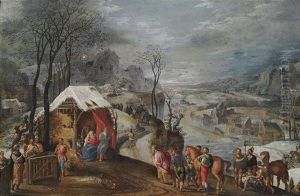Ankunft Der Heiligen Drei Konige Am Stall Vor Weitem Winterlichem Landschaftshintergrund