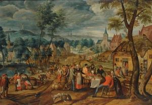 A Village Scene With Peasants Eating And Drinking, A Church Tower In The Background by Gillis Mostaert the Elder