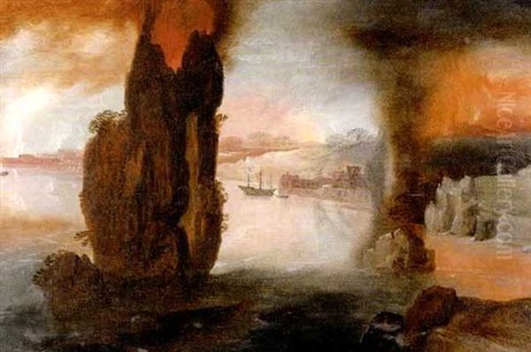 Flusslandschaft Mit Felsen - Im Hintergrund Eine Feuersbrunst - view 1