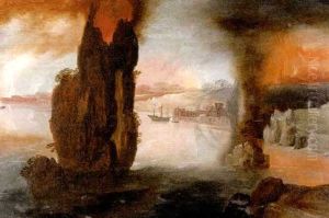 Flusslandschaft Mit Felsen - Im Hintergrund Eine Feuersbrunst by Gillis Mostaert the Elder
