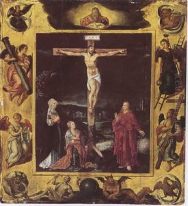 The Crucifixion, Within A Border Bearing The Symbols Of The Four Evangelists And Angels by Gillis Mostaert the Elder