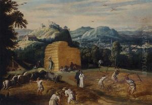 Summer: A Mountainous Village Landscape With Peasants Threshing Wheat In A Field