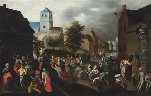 A Village Kermesse With Many Figures Dancing, Drinking And Conversing In The Streets - view 1