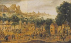 A Village Kermesse With A View Of A Distant City Beside The Sea Beyond by Gillis Mostaert the Elder