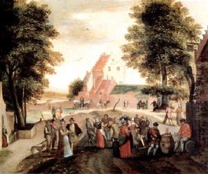 A Flemish Village With Dancing Peasants And An Elegant Couple