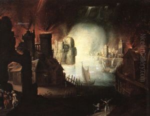 Lot And His Daughters Fleeing The Destruction Of Troy by Gillis Mostaert the Elder