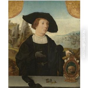Portrait Of A Young Man, Behind A Ledge, With A Landscape Beyond, In A Black Hat, Holding A Memento Mori
