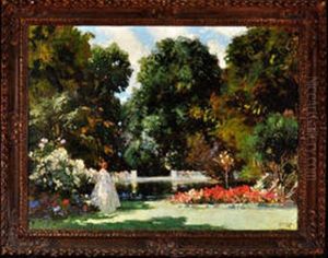 A Garden Scene With A Woman In A White Dress by Thomas Edwin Mostyn