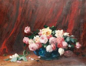 Still Life Of Roses In A Blue Bowl