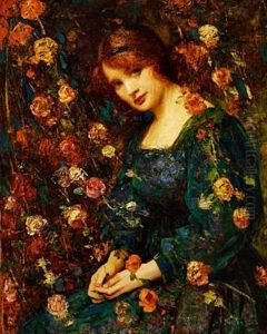 Flora, Woman In A Green Dress Amongst Growing Roses by Thomas Edwin Mostyn