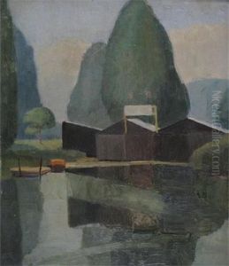 A River Landscape With A Boathouse