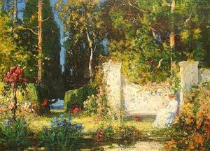 Lady In A White Dress Seated In A Garden by Thomas Edwin Mostyn