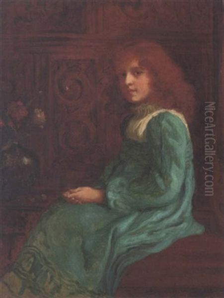 Portrait Of A Seated Girl In A Turquoise Dress, With Flowers To The Side - view 1
