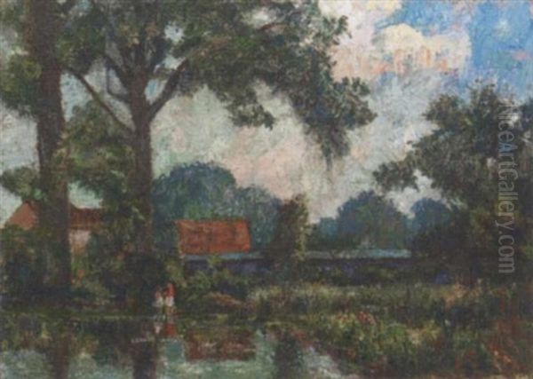 Two Children By A Lake In A Farmyard - view 1