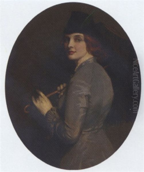 Portrait Of A Lady In A Green Dress, Holding A Parasol - view 1