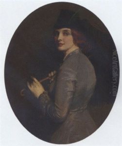 Portrait Of A Lady In A Green Dress, Holding A Parasol by Thomas Edwin Mostyn