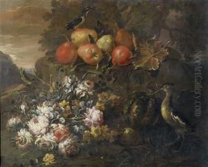 Still Life
With Flowers And Fruit In A Landscape With Birds. by Felice Fortunato Biggi Dei Fiori