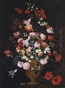 Roses, Tulips, Lilies And Other Flowers In A Bronze Urn On A Stone Socle by Felice Fortunato Biggi Dei Fiori