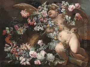 Cupid Disporting Amongst A Garland Of Flowers In A Landscape thumbnail