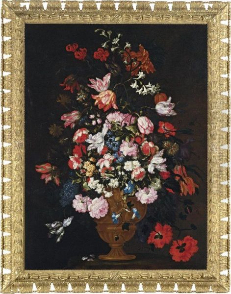 Roses, Tulips, Lilies And Other Flowers In A Bronze Urn On A Stonesocle - view 1