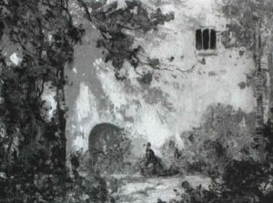 A Woman In A Blue Dress Walking Through A Summer Garden