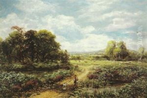 An Extensive Country Landscape With Two Children And A Dog On A Path In The Foreground by George William Mote