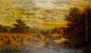 Haymaking, Horses And Cattle Watering Nearby by George William Mote