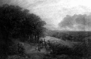 Expansive Landscape With Figures Gathered Outside Woods by George William Mote