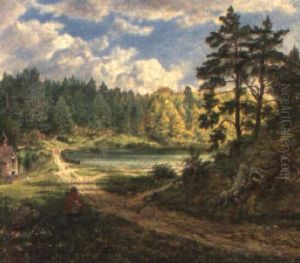 A Wooded Landscape With Figures By A Lake by George William Mote