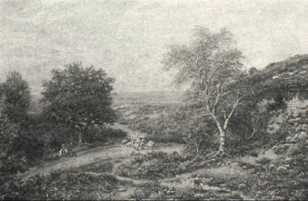 Sheep And Shepherd On A Wooded Hillside Path - view 1