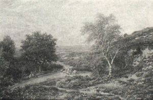 Sheep And Shepherd On A Wooded Hillside Path by George William Mote