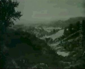 An Extensive Wooded Landscape With Cattle On A Track thumbnail