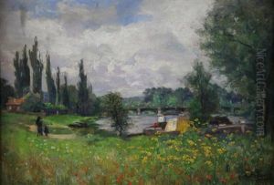 Promeneurs Sur La Berge by Jules Georges Moteley