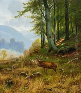 Rohrender Hirsch Auf Lichtung An Einem Sonnigen Morgen by August Moetsch