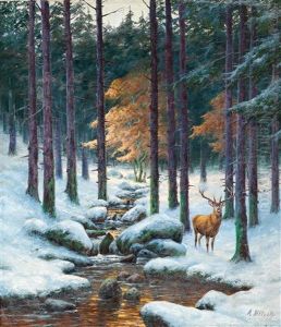 Stag In A Winter Woodland by August Moetsch