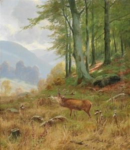 Bellowing Stag In A Woodland Clearing by August Moetsch