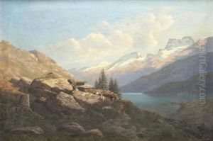 Vue De Lac De Montagne Avec Berger Et Ses Chevres Aux Abords by Denis Motta